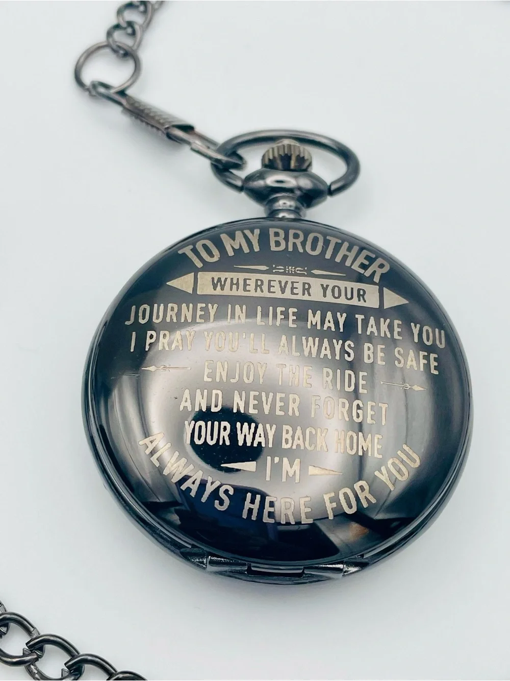 Engraved Gunmetal Pocket Watch with Chain - 
